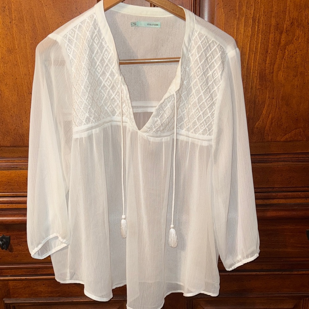 Maurices Ivory Sheer Blouse with Tassel Accents